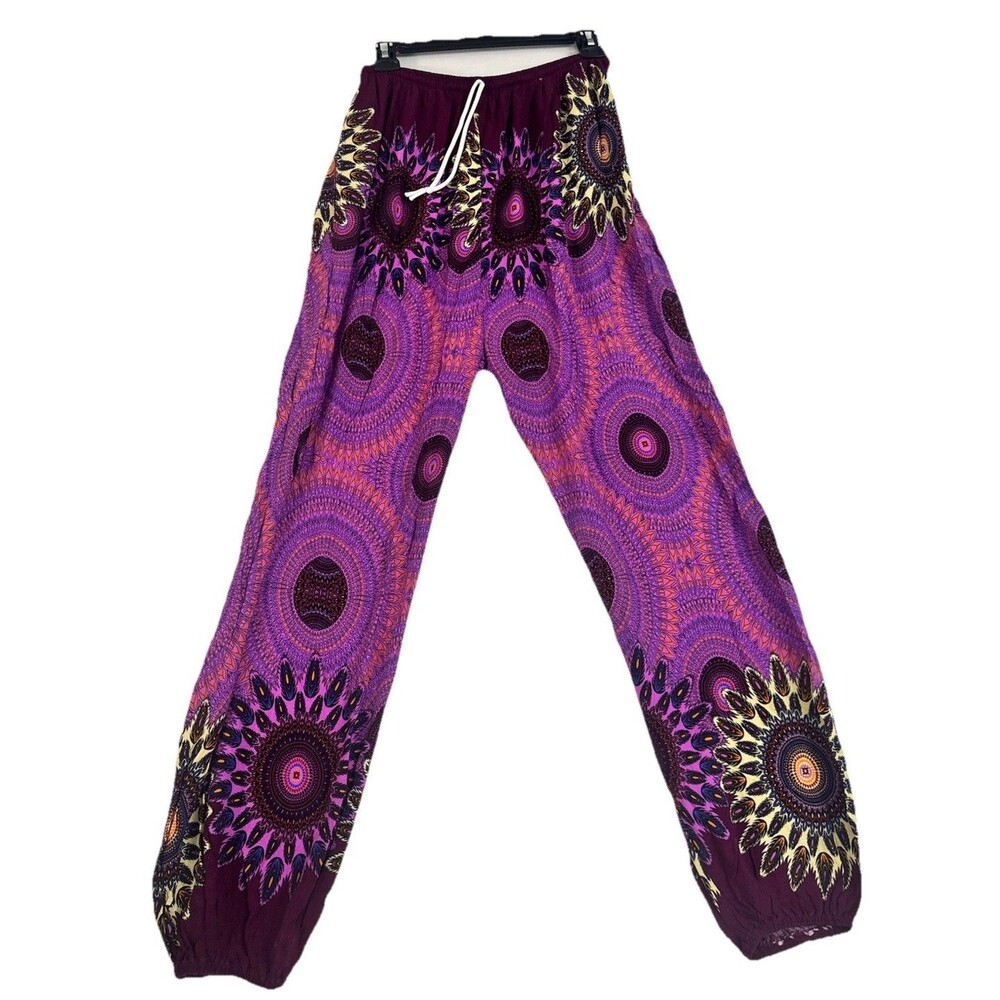 Boho Harem Pants XL Purple Mandala Print Drawstring Balloon Leg Festival Yoga